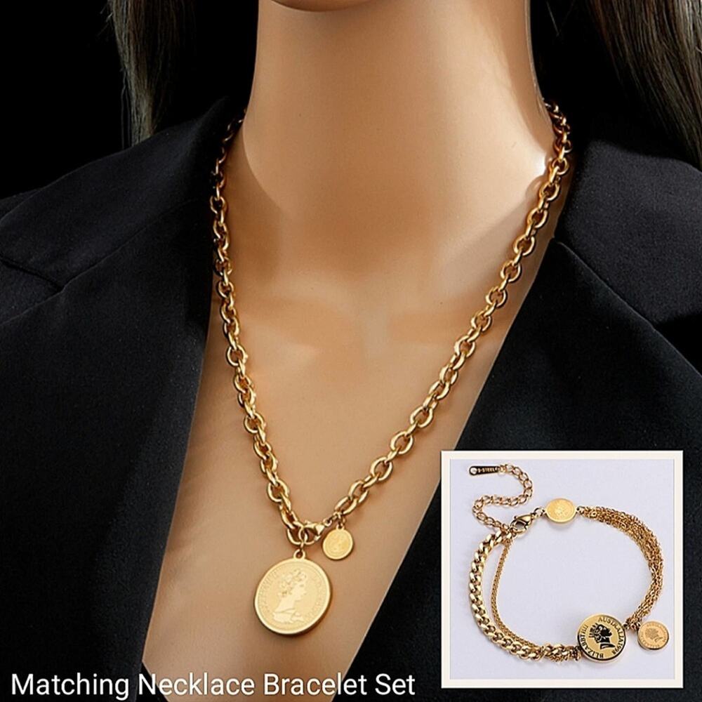Queen Elizabeth Coin Gold Plated Chain Link Necklace Matching Bracelet Set